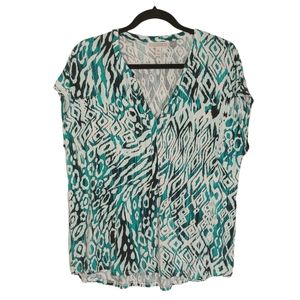 DANA BUCHMAN Teal Green Black White Print Sleeveless V Neck Top XL
